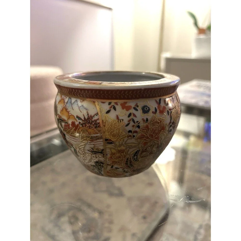 Vintage Satsuma Made in China Hand Painted Porcelain Pot 3” x 4” Gold Gilt